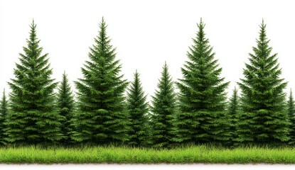 Row of lush green evergreen trees against a bright white background, a short grassy area at the bottom