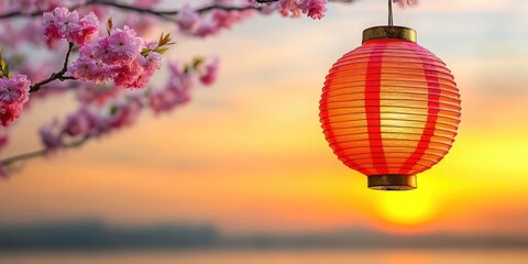 Obraz premium Sunset serenity Pink blossoms, paper lantern, tranquil waters. Perfect for relaxation themes