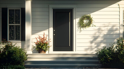 White House Exterior with Black Front Door and Christmas Wreath