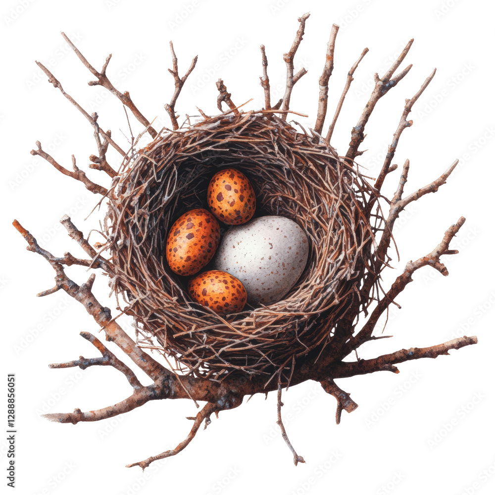Poster close up of a bird nest containing two speckled eggs resting on natural twigs and grass isolated on 
