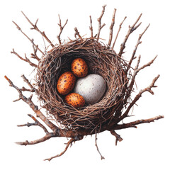 Obraz premium Close up of a bird nest containing two speckled eggs resting on natural twigs and grass isolated on transparent background..