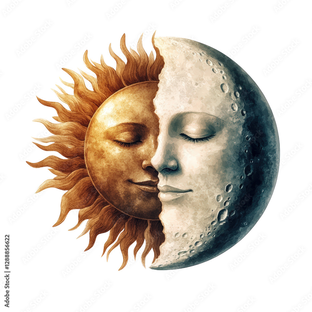 Poster sun and moon face illustration on a black background with intricate details and artistic design elem