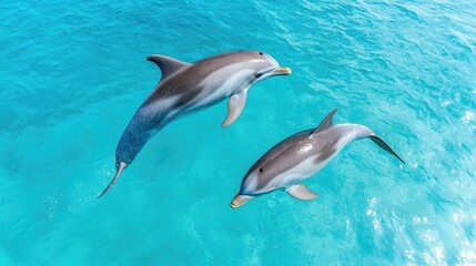 Naklejka premium Dolphins leaping, turquoise ocean, aerial view, wildlife