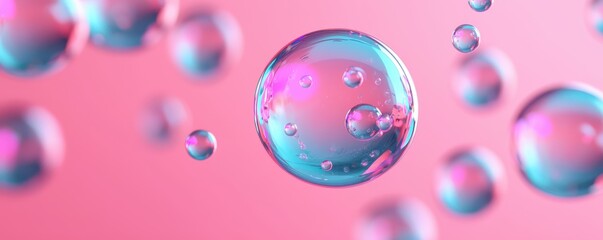 Colorful bubbles float against a soft pink background, creating a serene and dreamy atmosphere.