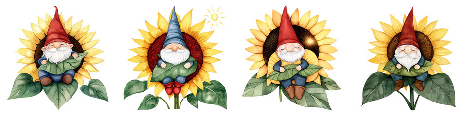 Gnome Resting on Big Sunflower Using Leaf for Comfort and Shade