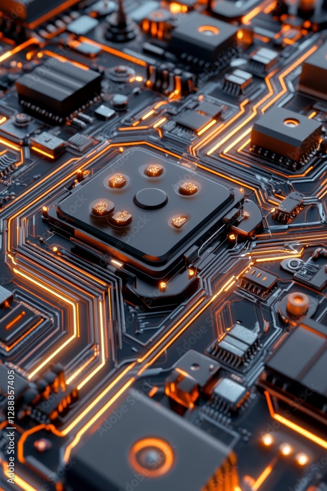 Poster close up view of a circuit board with glowing orange pathways and a central processor. dark metallic