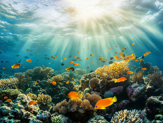 Naklejka premium a coral reef ecosystem showcasing intricate coral textures with clownfish swimming around their anemone homes