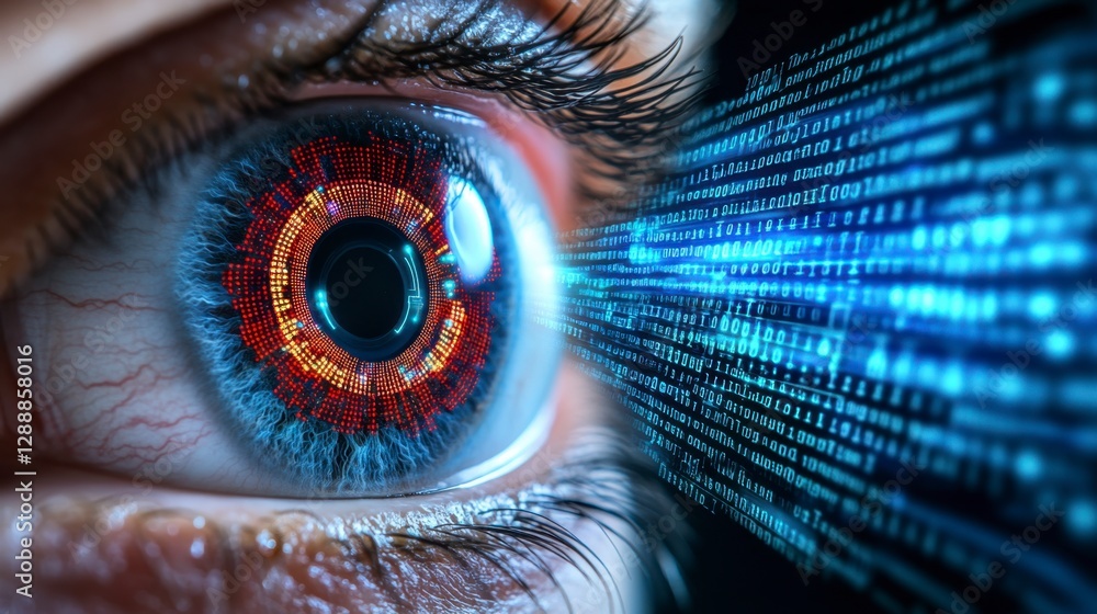 Poster close up of a human eye with a digital code stream emanating from the pupil. the iris displays a fie