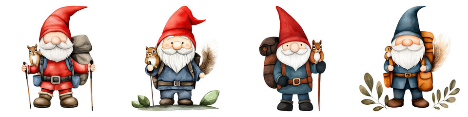 Happy Gnomes Enjoying a Hiking Adventure with a Tiny Squirrel