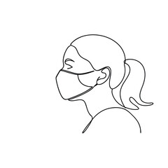 Woman Wearing Protective Face Mask, Line Art Illustration
