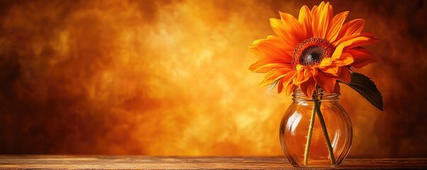 Sunflower in Glass Vase Against Warm Toned Background - Ideal for Home Decor or Nature-Themed Art