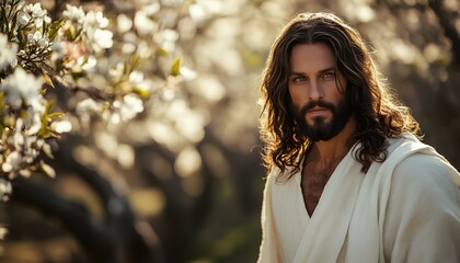 Serene Man in White Robe Among Blossoming Trees
