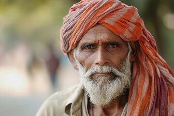 Portrait of a weathered Indian man sitting on the street, surrounded by the chaotic city scene, capturing the resilience of poverty.







