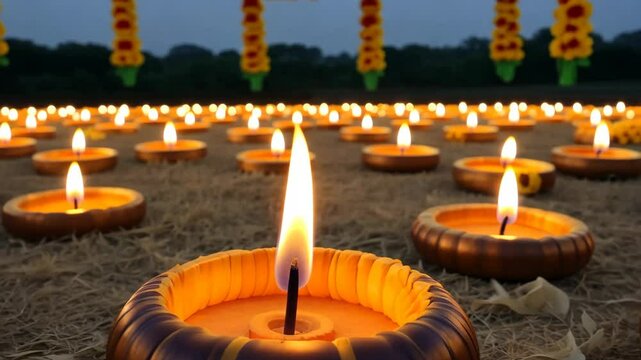 A serene display of oil lamps glowing in an outdoor festival setting, symbolizing spirituality, devotion, and cultural traditions in a sacred atmosphere.