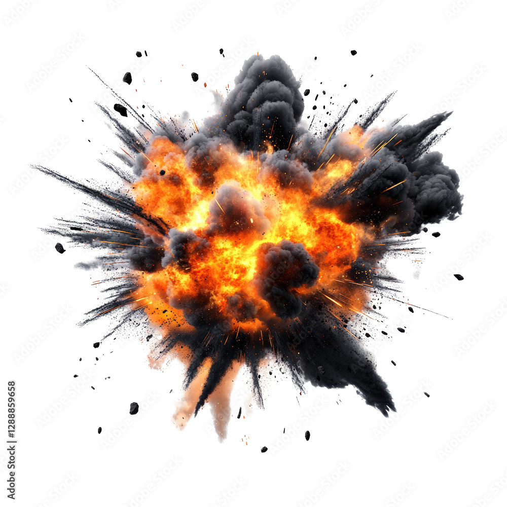 Poster explosion of orange and black smoke billowing in the air creating a dramatic visual effect isolated 