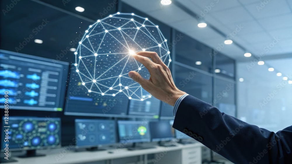 Poster control room's digital touch: a hand interacts with a holographic sphere in a high-tech control room