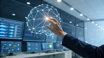 Control Room's Digital Touch: A hand interacts with a holographic sphere in a high-tech control room filled with screens displaying complex data visualizations.