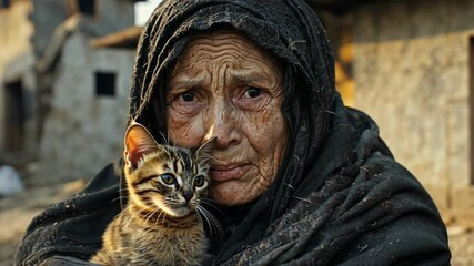 An elderly woman in a black headscarf holds a frightened kitten as she cries close to the rubble of her house. The devastation of war surrounds her in this heartbreaking moment. - Powered by Adobe