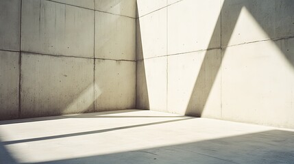 Minimalist concrete architecture with sunlit geometric shadows in empty space