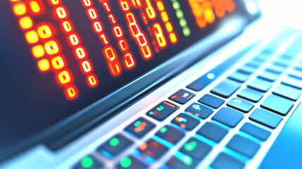 Close Up of Laptop Screen Displaying Glowing Red Binary Code