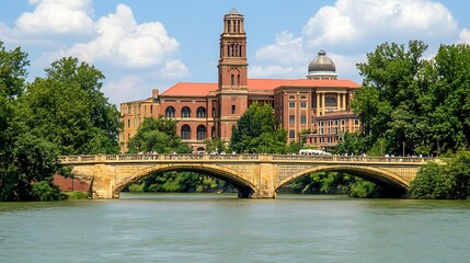 Naklejka premium A brick building and bridge spanning a river in the landscape