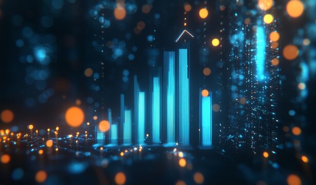 Digital growth chart, rising graph, glowing particles, abstract background - Powered by Adobe