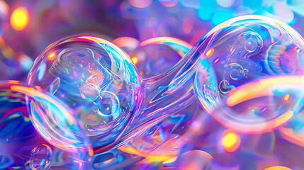 Multicolored iridescent soap bubbles reflecting neon hues