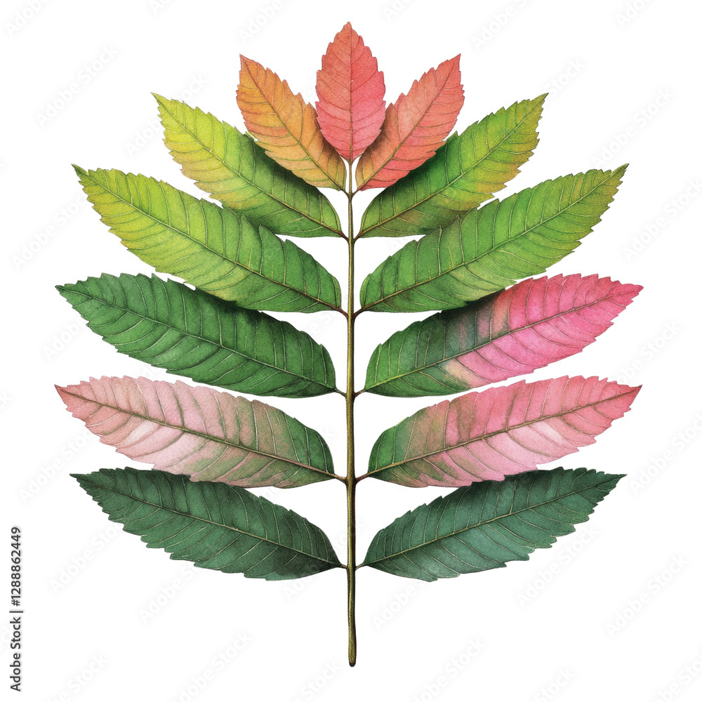 Poster Red and green leaf on white background with unique pattern and texture for nature and botanical themes isolated on transparent background..
