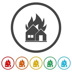 Fire in burning house icon. Set icons in color circle buttons
