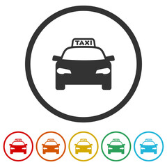 Taxi car icon. Set icons in color circle buttons