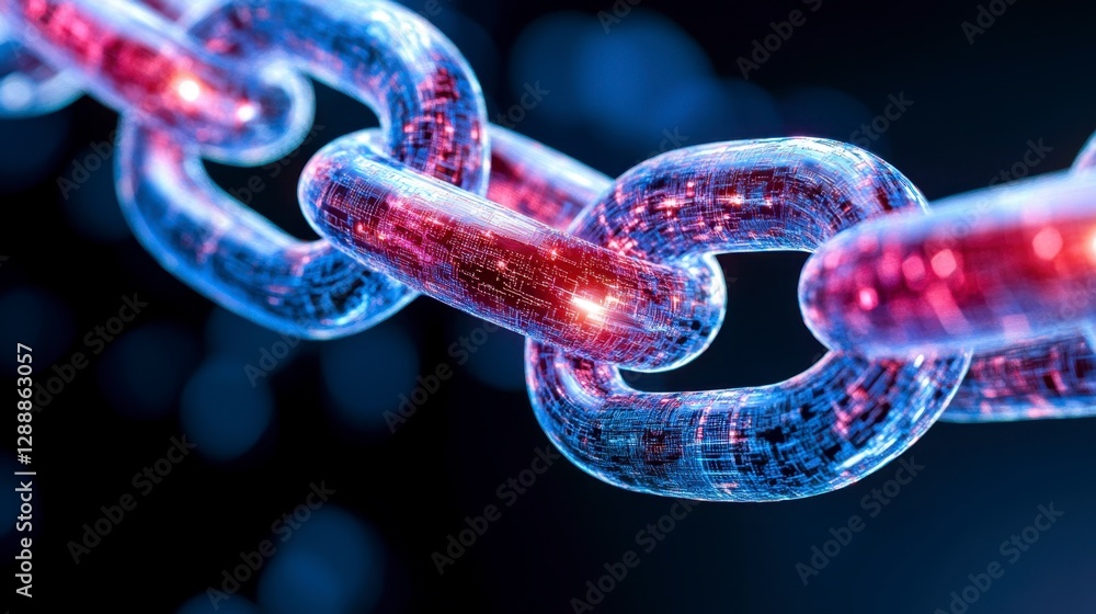 Poster close up view of a translucent chain with glowing red and blue particles, set against a dark bokeh b