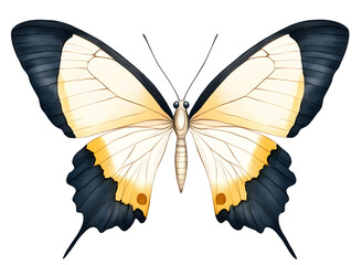 Obraz premium This watercolor illustration features a butterfly with expansive wings adorned in yellow, black, and white hues.