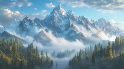 Obraz premium A misty forest with trees and mountains in the background