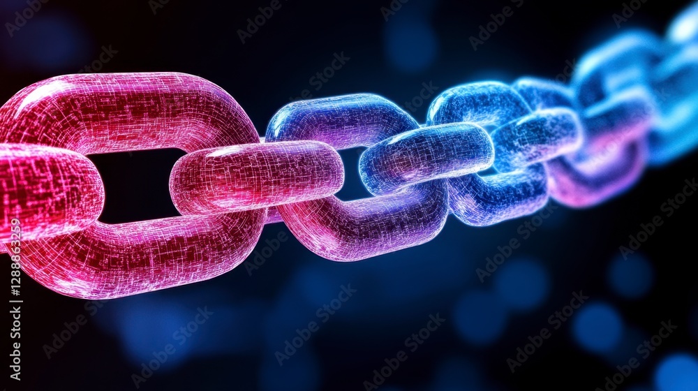 Poster abstract image of a chain made of glowing pink and blue particles on a dark background with bokeh li