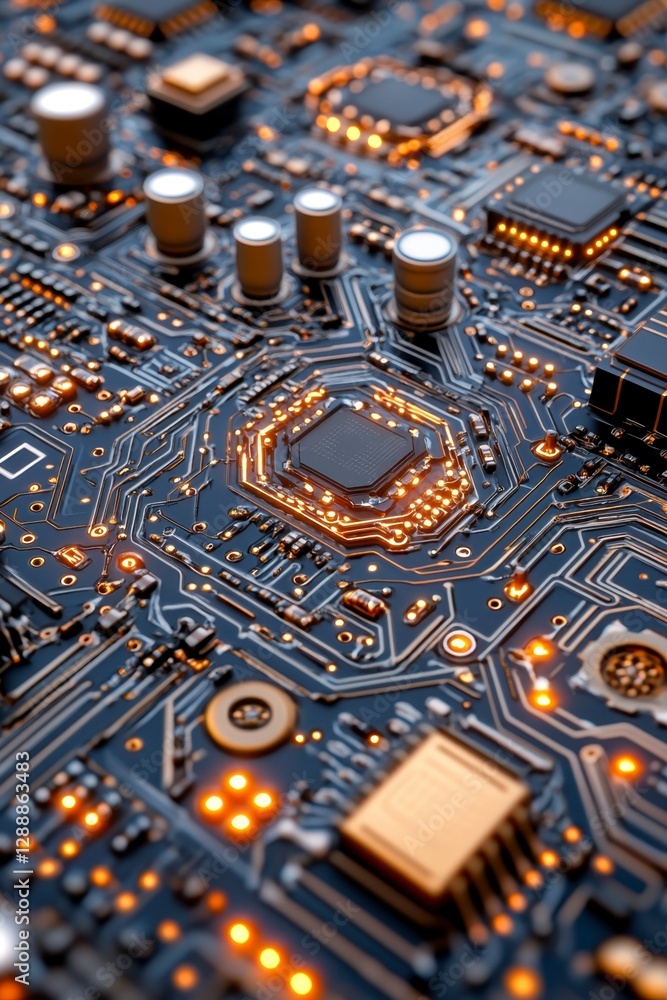 Poster close up view of a circuit board with glowing orange components, intricate pathways, and dark backgr