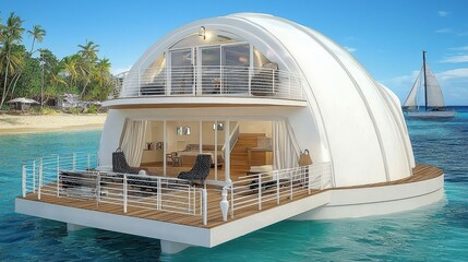 Modern Floating Dome Home on Tropical Waterfront with Panoramic Ocean View