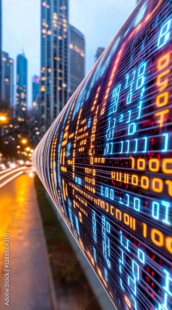 Poster abstract image of binary code flowing through a city street at night. the glowing digital data contr