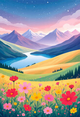 Fototapeta premium Colorful flower field with snow capped mountains and scenic river