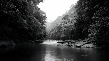 Monotone River Scene in a Dark Forest