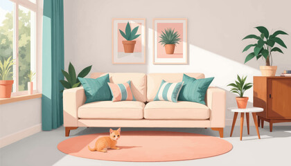 Cozy home interior with peach sofa, cat, and botanical art
