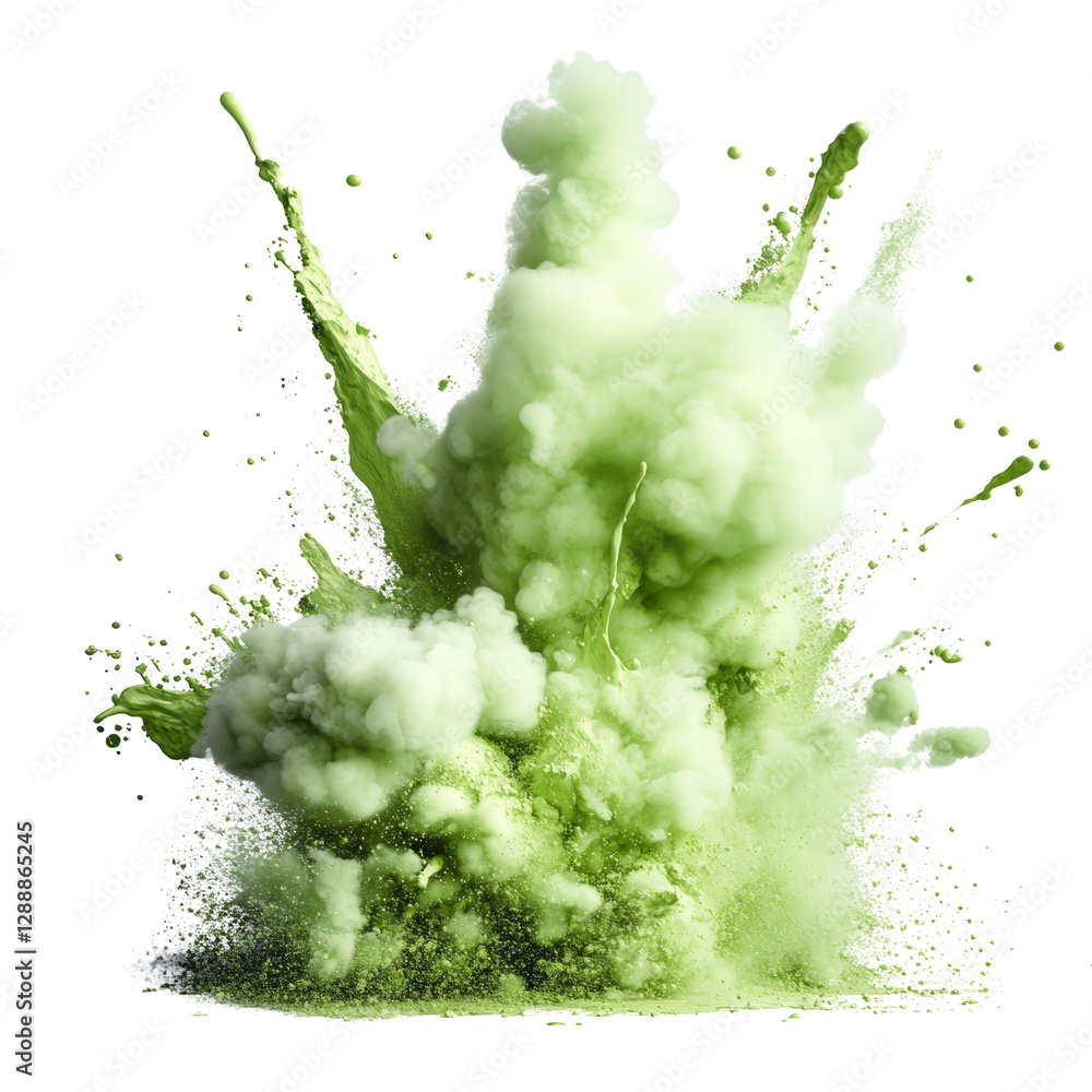 Poster green liquid explosion creating abstract patterns and shapes in a dynamic display of color and movem