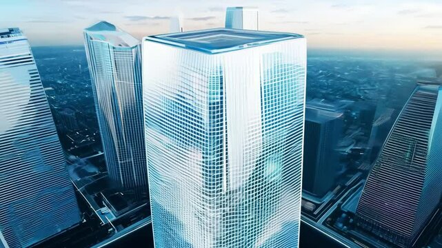 A stunning glass skyscraper in a futuristic cityscape, showcasing sleek architectural design and advanced urban development.
