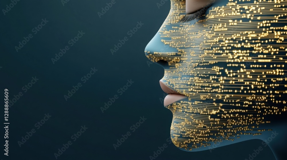 Poster a powerful ai hologram projecting golden data streams, futuristic and sophisticated