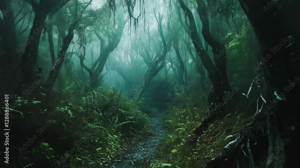 Aufkleber mysterious forest path shrouded in mist invites exploration in a tranquil wilderness setting