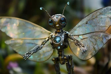 Exquisite steampunk inspired robot with large, expressive eyes and delicate, iridescent wings, adorned with gemstones, evokes a sense of wonder and magic