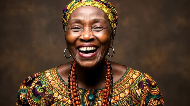 Joyful elderly Yoruba woman in vibrant traditional attire laughing with happiness. African heritage, cultural pride, wisdom, representation, and diversity.