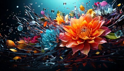 Abstract image of beautiful floral and leaves with a wave of water droplets around it. 