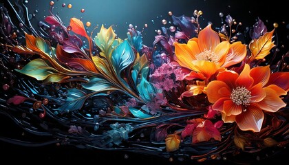 Abstract image of beautiful floral and leaves with a wave of water droplets around it. 