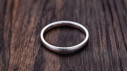 A simple silver ring on a dark wooden surface, elegant and understated