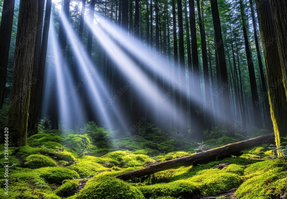 Poster sunbeams illuminate a lush green mossy forest floor, creating a mystical atmosphere. fallen log and 
